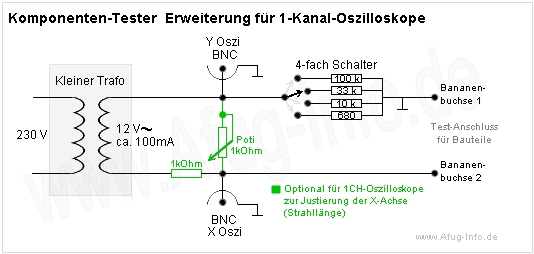 Komponententester Schaltplan Erweiterung für ältere 1-Kanal-Oszilloskope